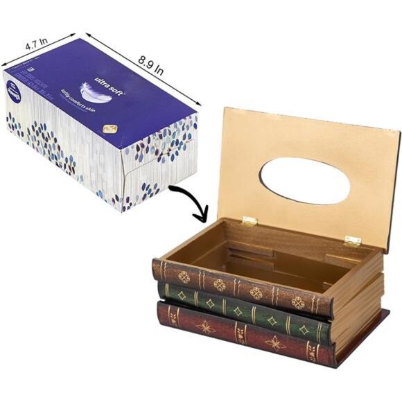 Crafted Classical Retro Wooden Antique Book Tissue Box Cover Rectangular Tissue - Picture 3 of 7